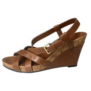 Aerology Women's Tan Strappy Cork Detail Wedge Sandals Sz 8.5